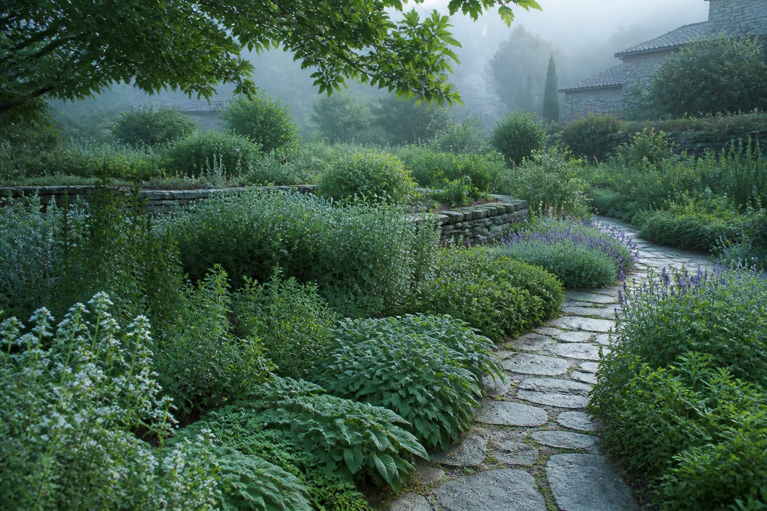 Jardin d’herbes médicinales dans la brume du matin